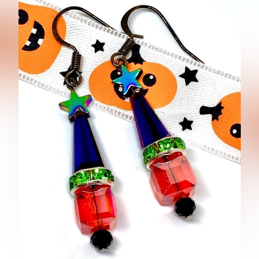 Halloween Tree Purple Crystal Cone Rainbow Hematite Star Orange Cube Earrings 2”